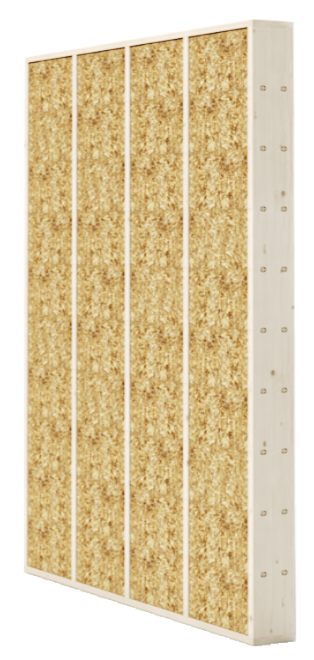 3D rendering of the LORENZ DD34 wooden straw mounting system, which can be used as a load-bearing exterior wall and is insulation, wall, plaster base and CO2 absorber in one