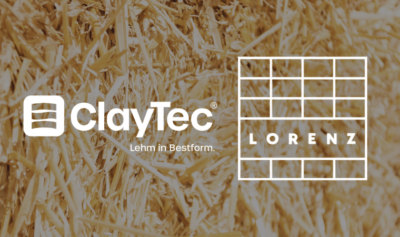 Picture of pressed straw surface with the logos of ClayTec - the largest clay plaster manufacturer and LORENZ, the market leader in wood-straw mounting systems